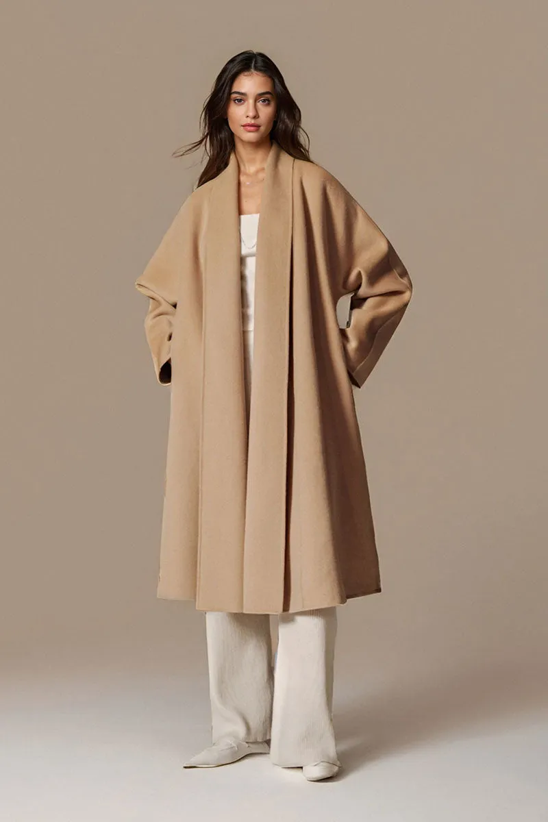 Long Australian Wool Belted Double Faced Wrap Coat with Shawl Collar