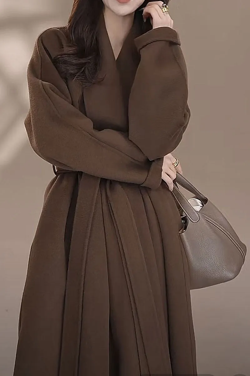 Long Australian Wool Belted Double Faced Wrap Coat with Shawl Collar