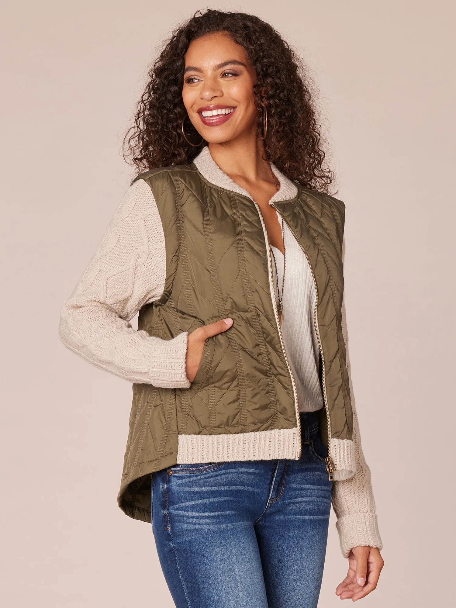 Long Sleeve Mock Neck Zip Front Quilted Vest Jacket with Patch Pockets