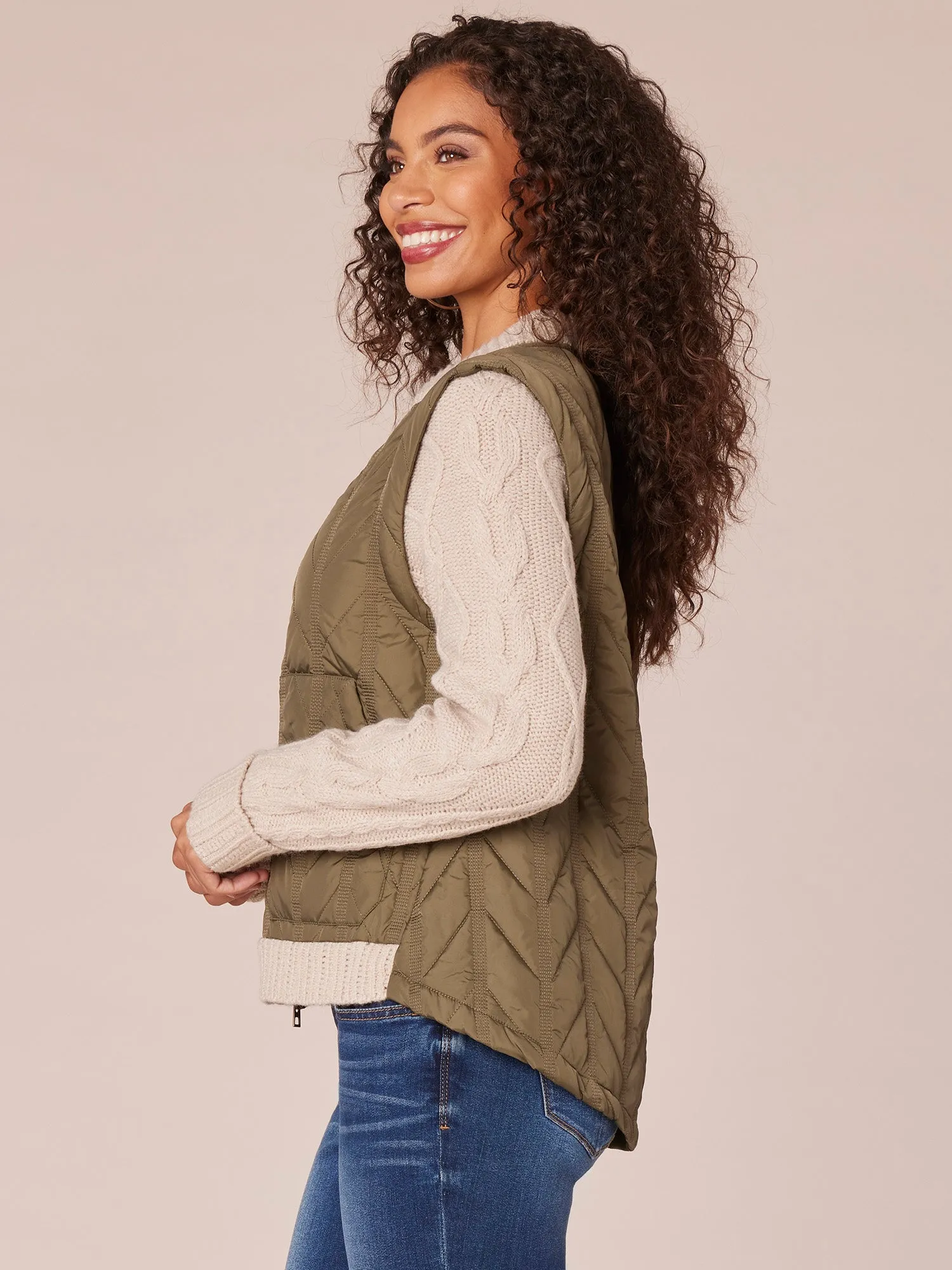 Long Sleeve Mock Neck Zip Front Quilted Vest Jacket with Patch Pockets
