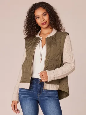 Long Sleeve Mock Neck Zip Front Quilted Vest Jacket with Patch Pockets