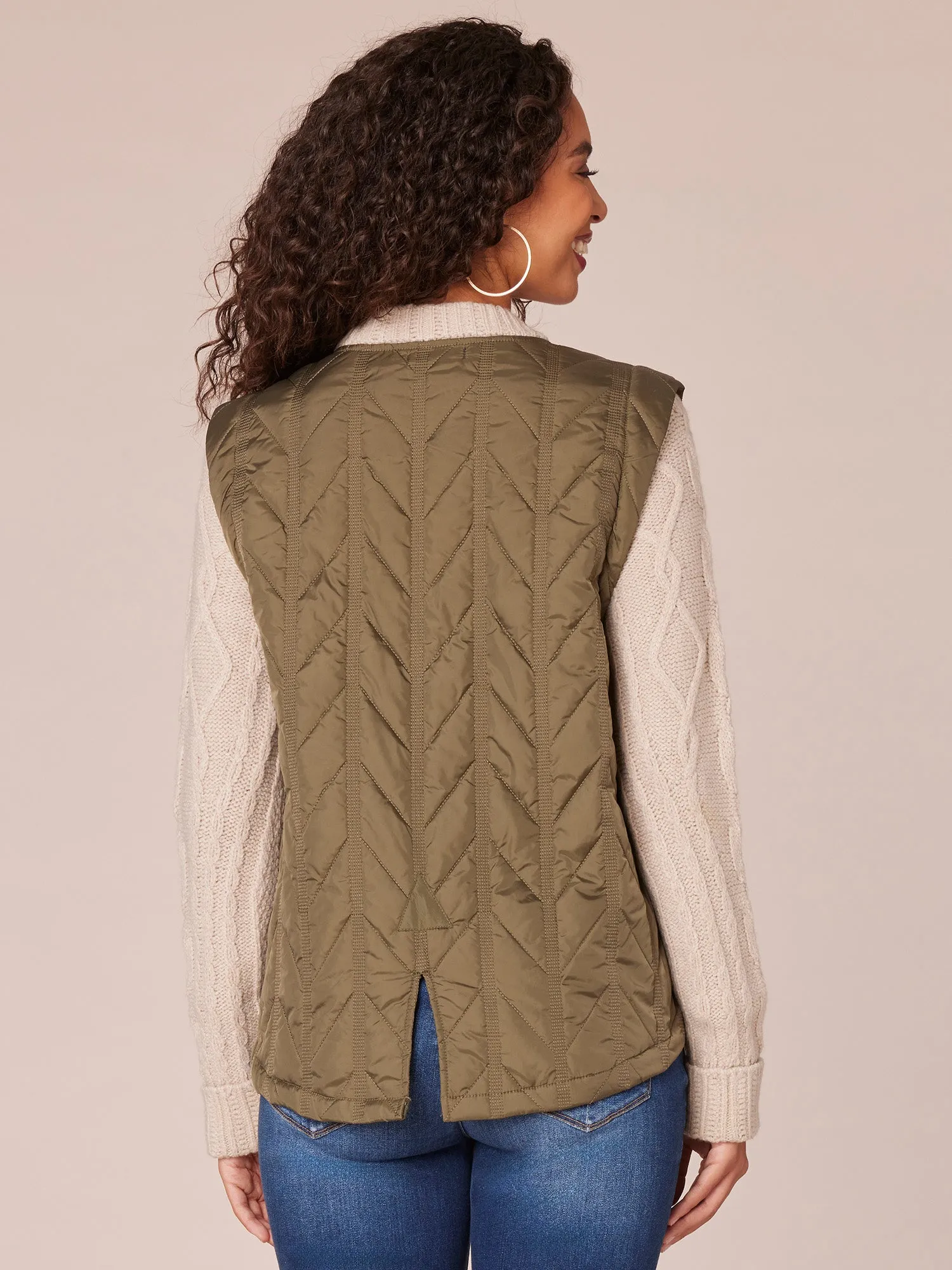 Long Sleeve Mock Neck Zip Front Quilted Vest Jacket with Patch Pockets