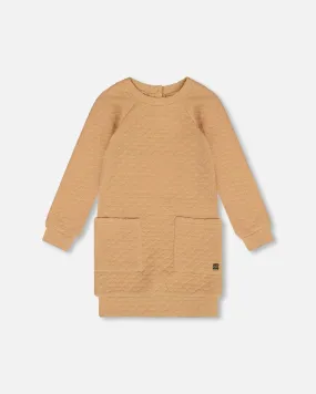 Long Sleeve Shiny Quilted Dress With Pocket Golden Brown