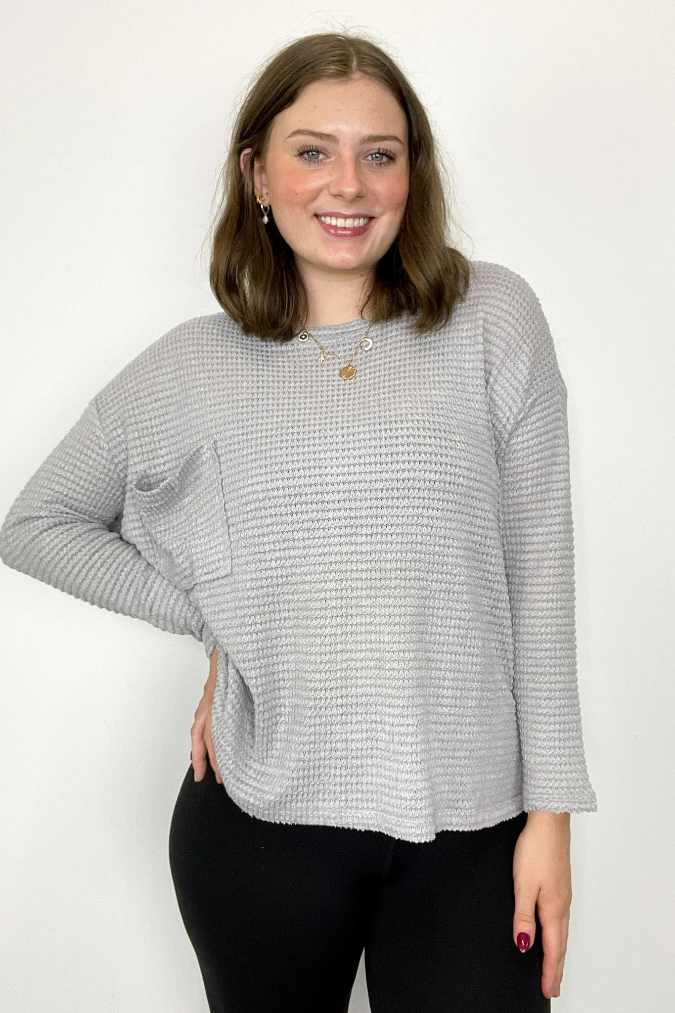 Lorenah Drop Shoulder Waffle Knit Pocket Top