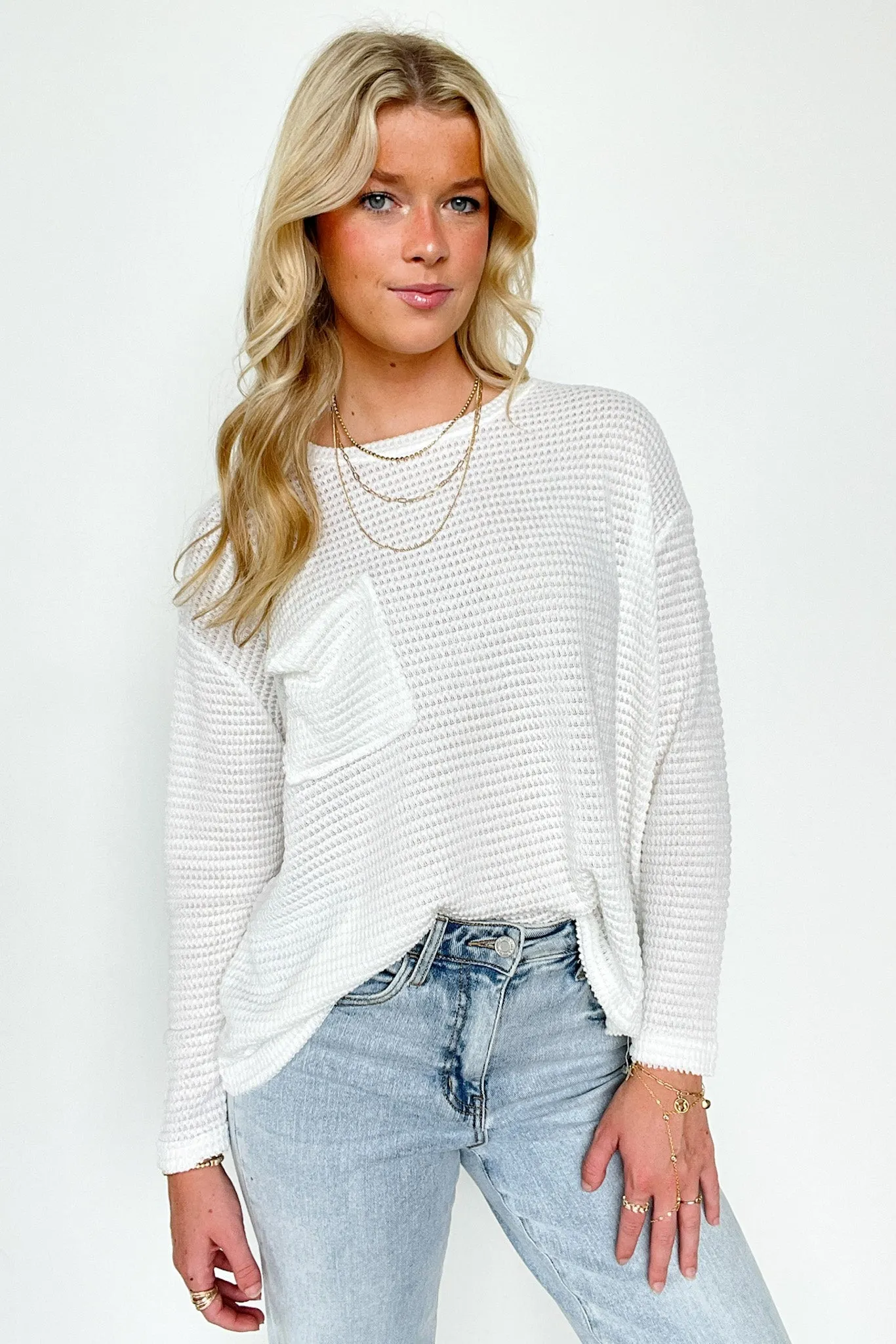Lorenah Drop Shoulder Waffle Knit Pocket Top