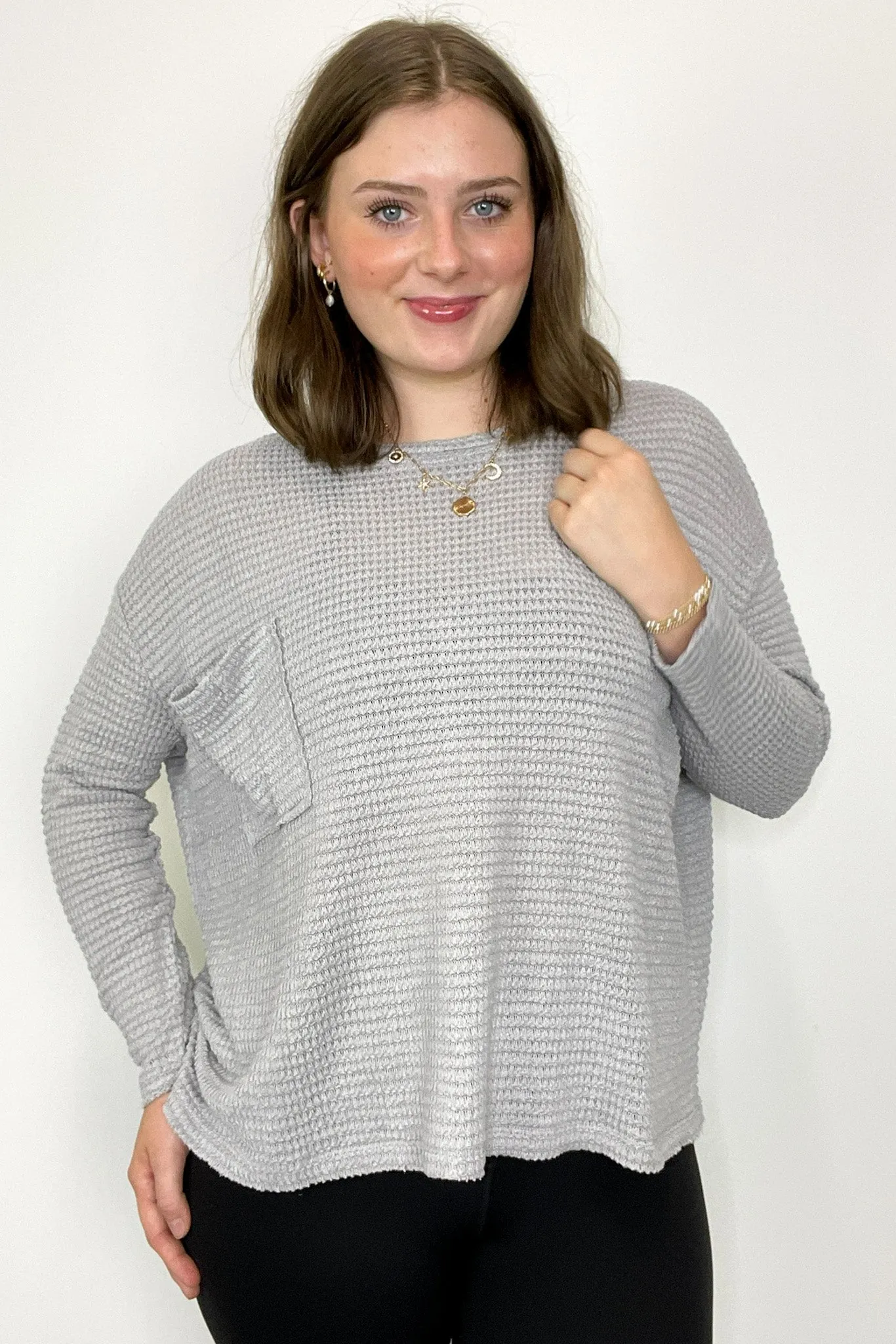 Lorenah Drop Shoulder Waffle Knit Pocket Top