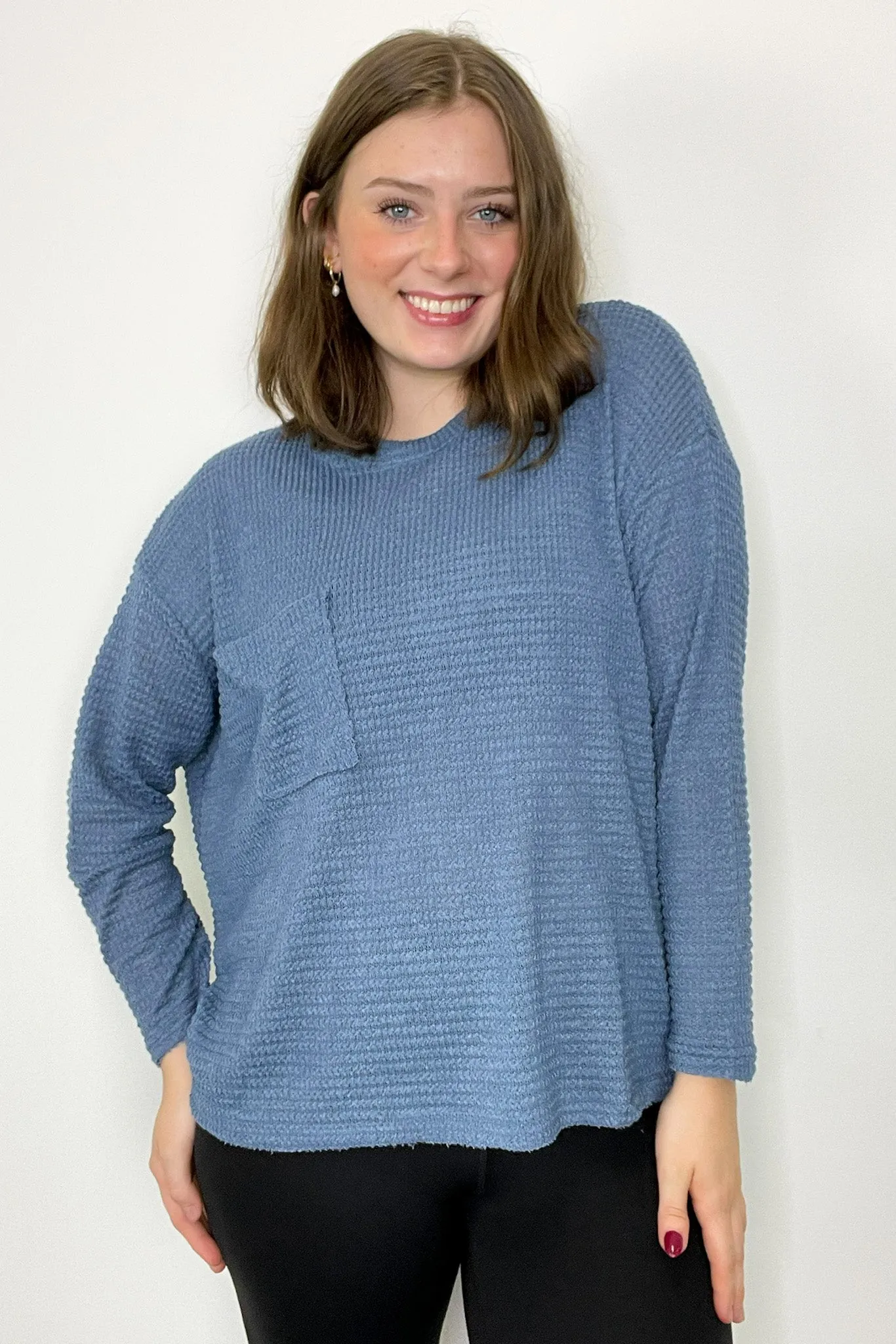 Lorenah Drop Shoulder Waffle Knit Pocket Top