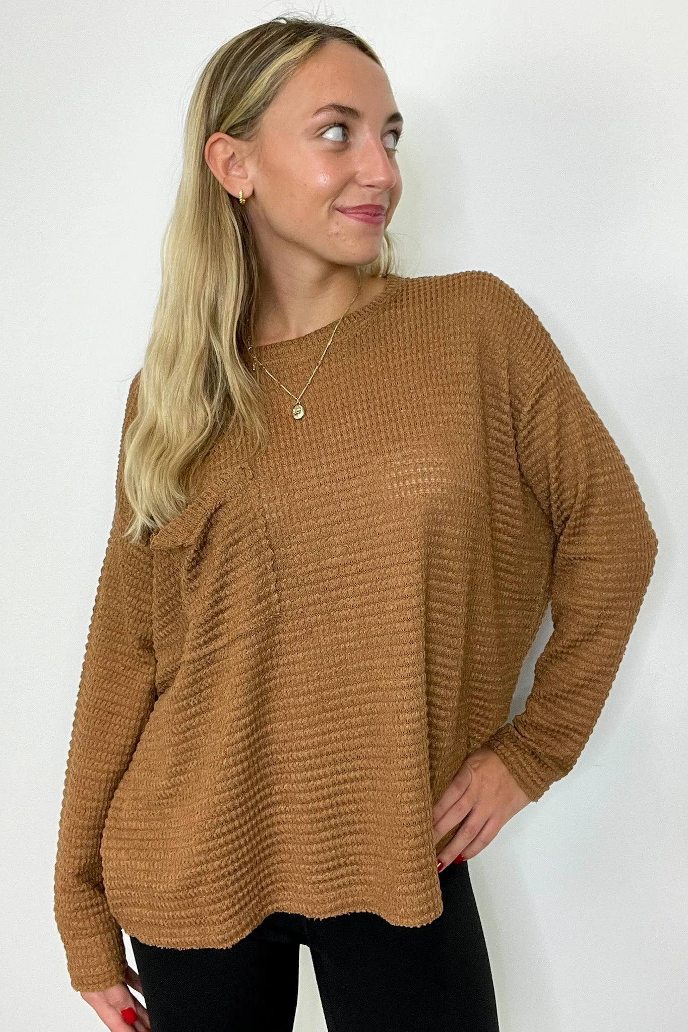 Lorenah Drop Shoulder Waffle Knit Pocket Top