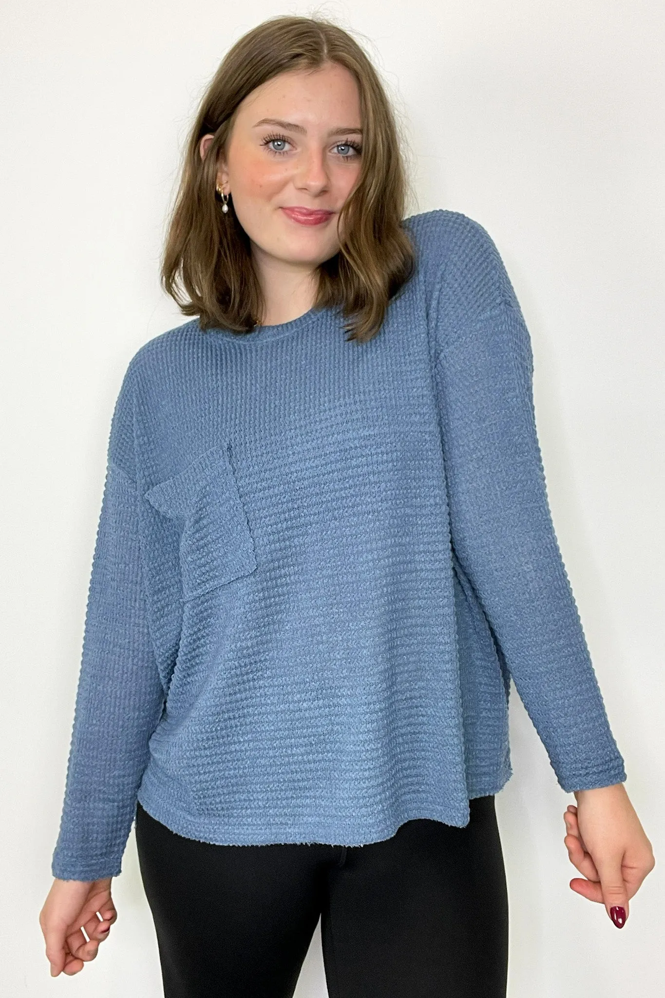 Lorenah Drop Shoulder Waffle Knit Pocket Top