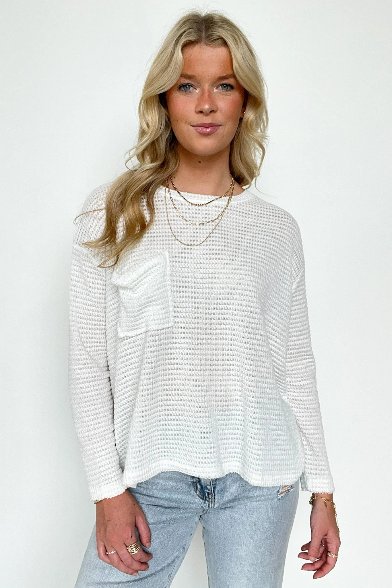Lorenah Drop Shoulder Waffle Knit Pocket Top