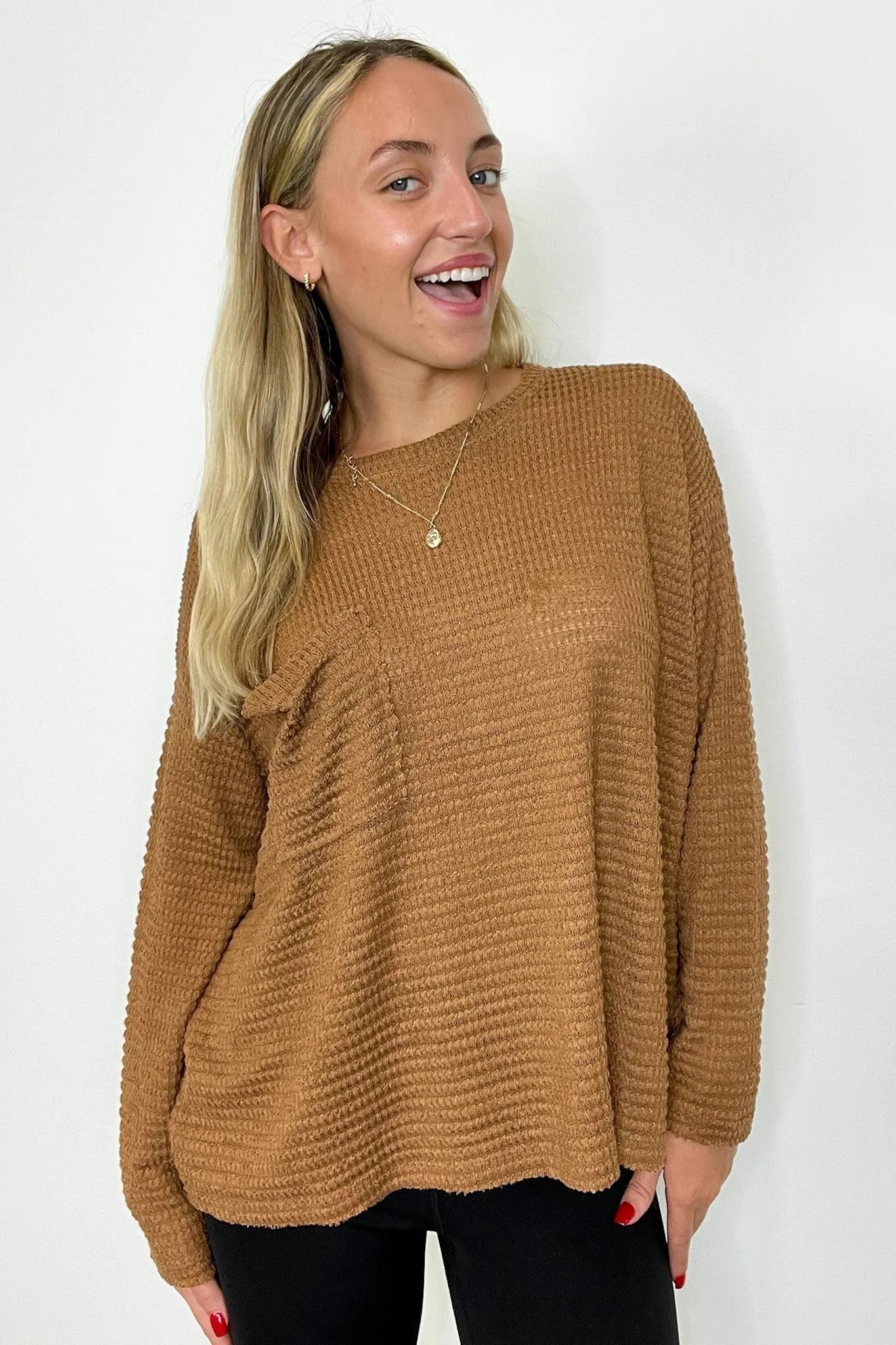 Lorenah Drop Shoulder Waffle Knit Pocket Top
