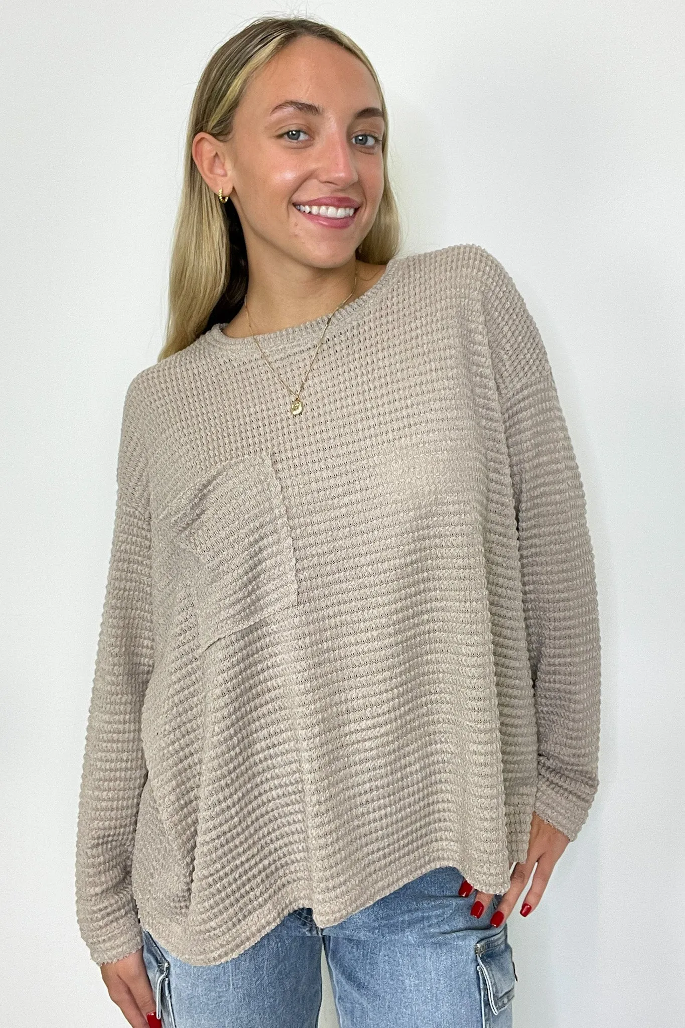 Lorenah Drop Shoulder Waffle Knit Pocket Top