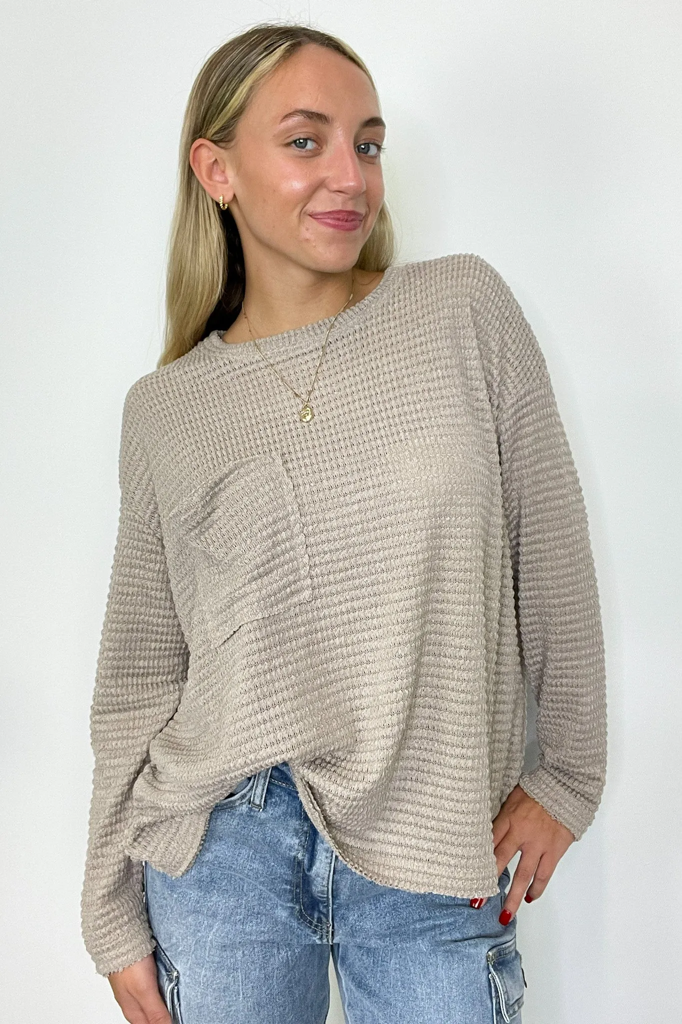 Lorenah Drop Shoulder Waffle Knit Pocket Top