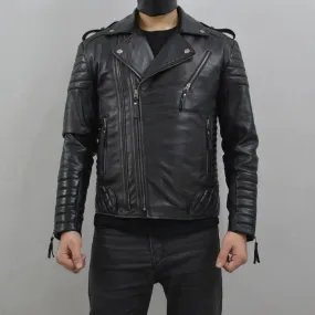 Men's Brando Black Gun Metal Quilted Padded Genuine Leather Biker Jacket
