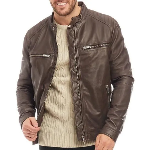Men's Brown Genuine Leather Racer Neck Jacket
