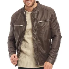 Men's Brown Genuine Leather Racer Neck Jacket
