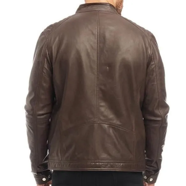 Men's Brown Genuine Leather Racer Neck Jacket