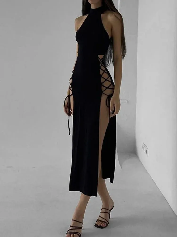 Midnight Serenade Gown - Goth Dark Cosplay High Split Sexy Bandage Bodycon Women Dresses Y2K Mall Gothic Halter Slim Midi Dress Black Grunge Style Alt Partywear