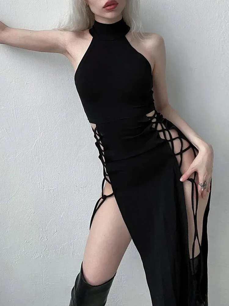 Midnight Serenade Gown - Goth Dark Cosplay High Split Sexy Bandage Bodycon Women Dresses Y2K Mall Gothic Halter Slim Midi Dress Black Grunge Style Alt Partywear