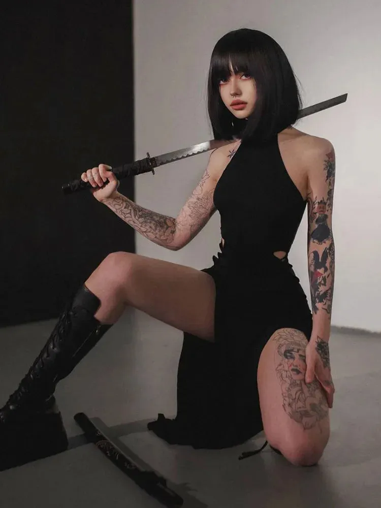 Midnight Serenade Gown - Goth Dark Cosplay High Split Sexy Bandage Bodycon Women Dresses Y2K Mall Gothic Halter Slim Midi Dress Black Grunge Style Alt Partywear