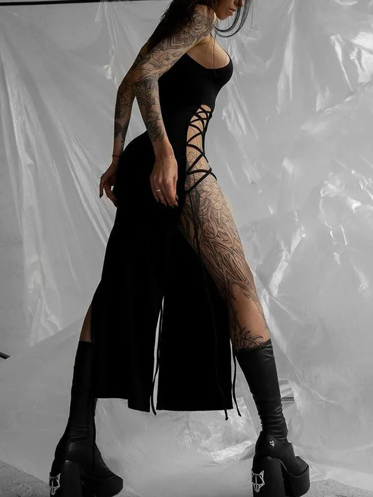 Midnight Serenade Gown - Goth Dark Cosplay High Split Sexy Bandage Bodycon Women Dresses Y2K Mall Gothic Halter Slim Midi Dress Black Grunge Style Alt Partywear