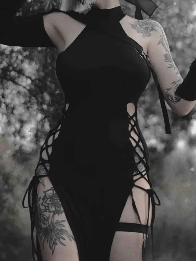 Midnight Serenade Gown - Goth Dark Cosplay High Split Sexy Bandage Bodycon Women Dresses Y2K Mall Gothic Halter Slim Midi Dress Black Grunge Style Alt Partywear
