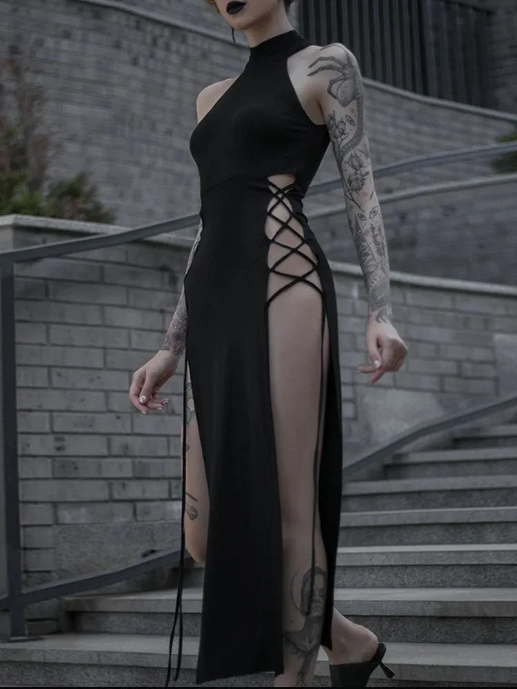 Midnight Serenade Gown - Goth Dark Cosplay High Split Sexy Bandage Bodycon Women Dresses Y2K Mall Gothic Halter Slim Midi Dress Black Grunge Style Alt Partywear