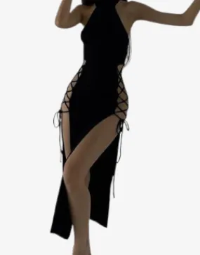 Midnight Serenade Gown - Goth Dark Cosplay High Split Sexy Bandage Bodycon Women Dresses Y2K Mall Gothic Halter Slim Midi Dress Black Grunge Style Alt Partywear