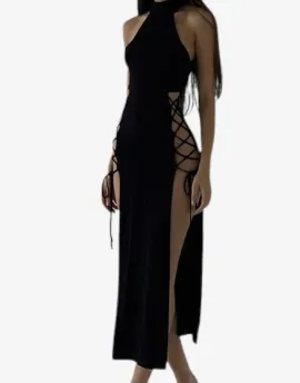 Midnight Serenade Gown - Goth Dark Cosplay High Split Sexy Bandage Bodycon Women Dresses Y2K Mall Gothic Halter Slim Midi Dress Black Grunge Style Alt Partywear