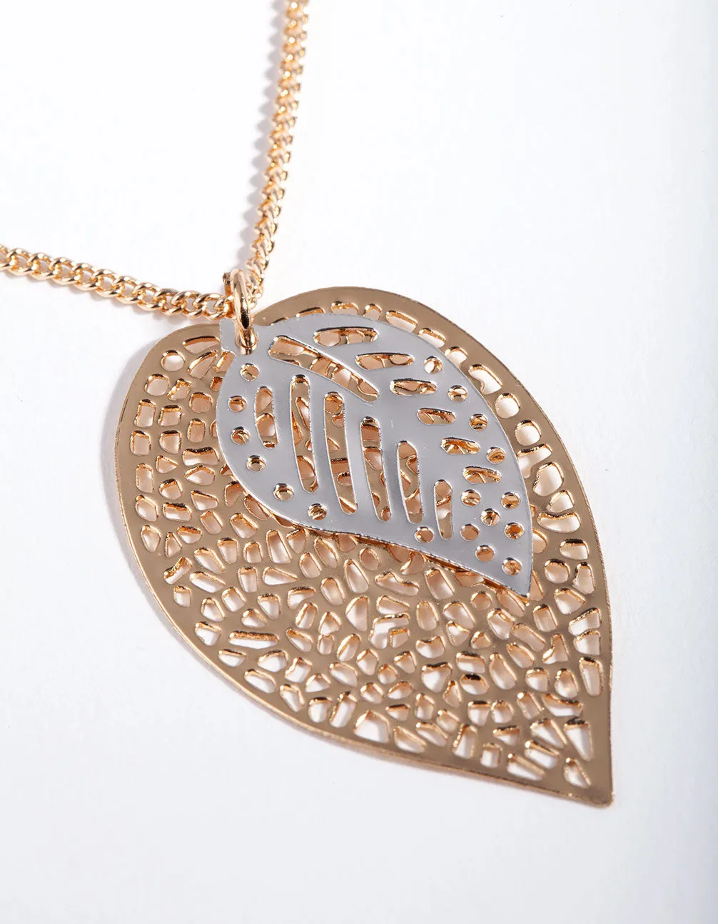 Mixed Metal Cutout Layer Leaf Necklace