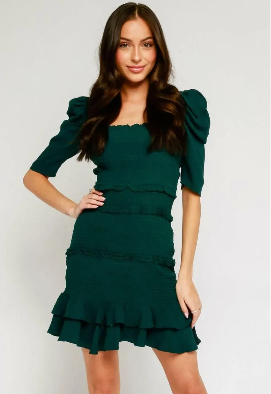 Naomi Green Smocked Puff Sleeve Mini Dress