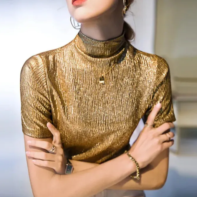 Noemie Crinkle Gold Short Sleeve Turtleneck Top