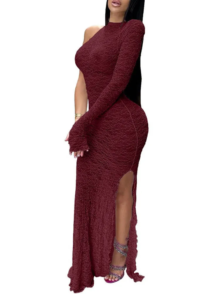 One Shoulder Lace Split Maxi Dress