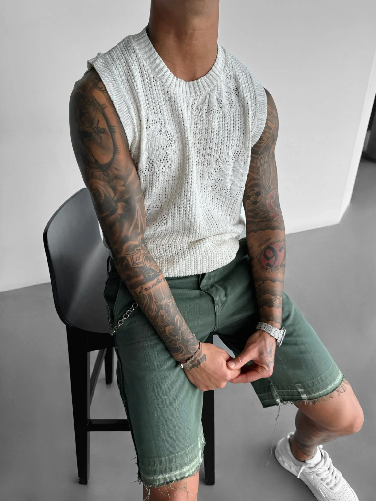 Oversize Flowers Knit Tank Top - Ecru
