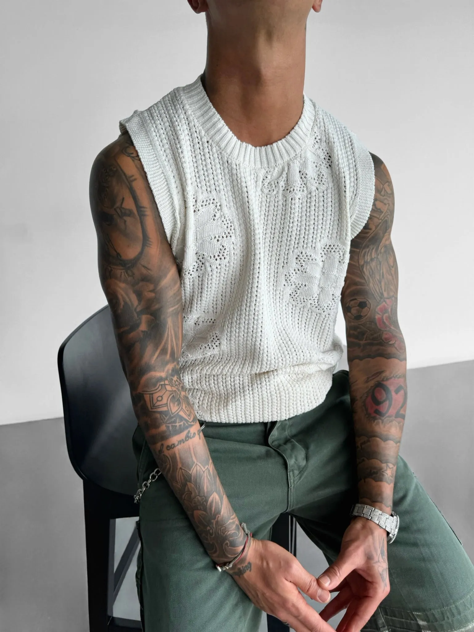Oversize Flowers Knit Tank Top - Ecru