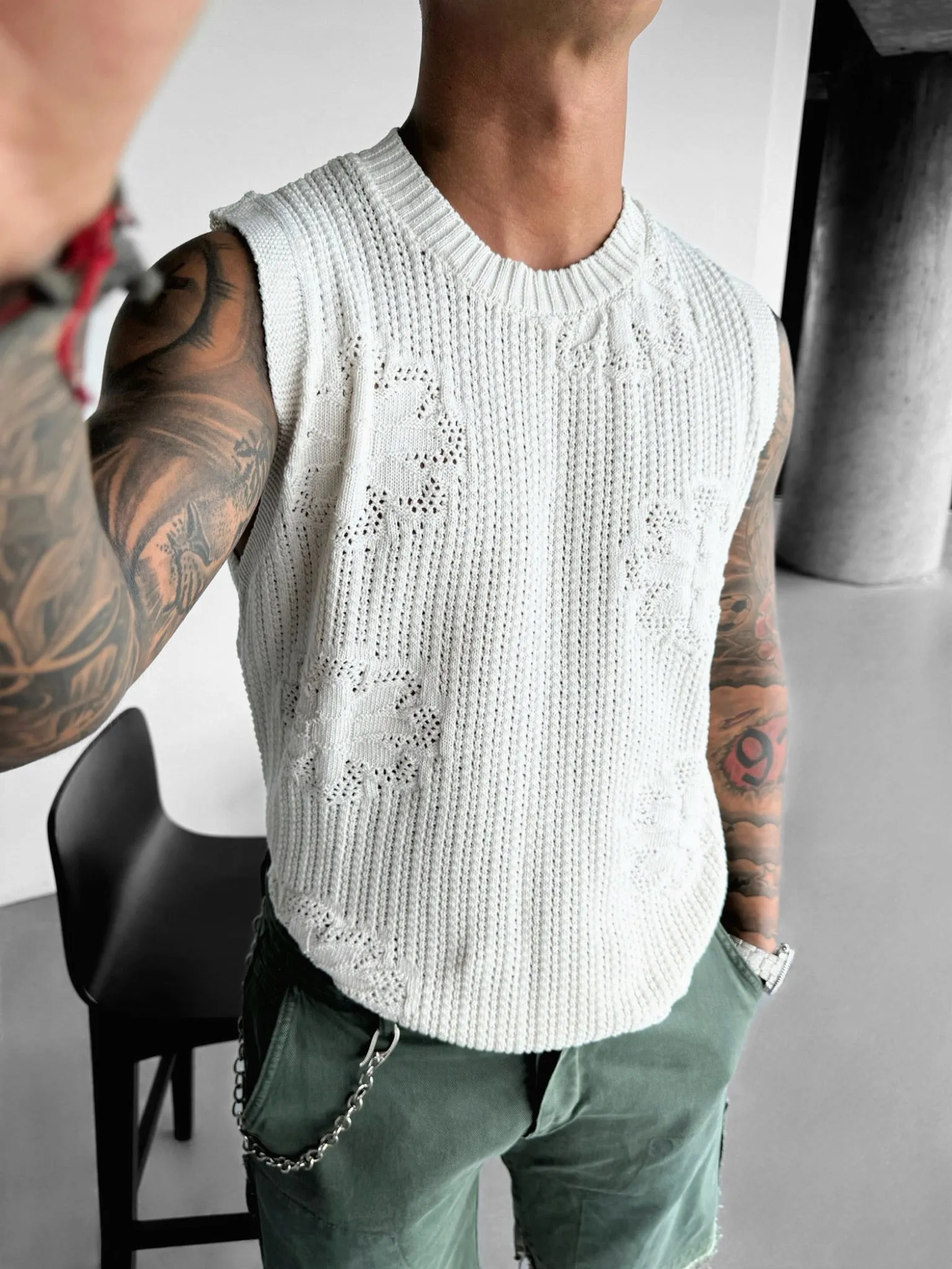 Oversize Flowers Knit Tank Top - Ecru