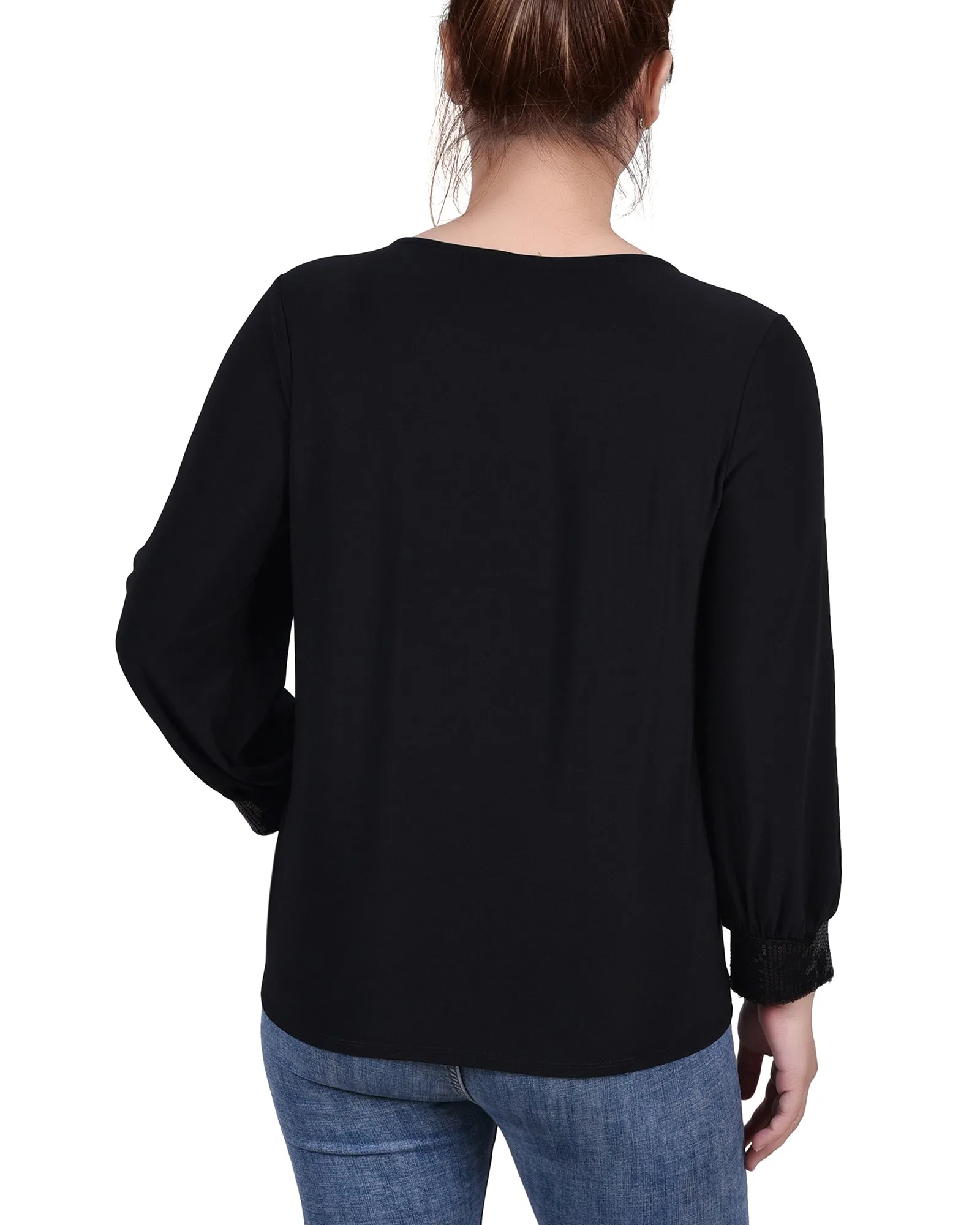 Petite Long Sleeve Knit Top With Sequin Hem