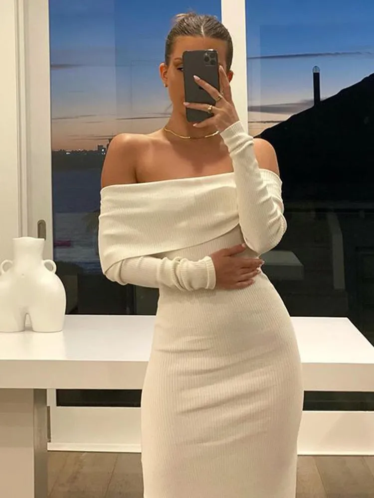 Purpdrank - Solid Color Long Sleeve Off Shoulder Bodycon Maxi Dress Autumn Exotic Tight Elegant Party Luxury Fashion Sexy Dresses Women