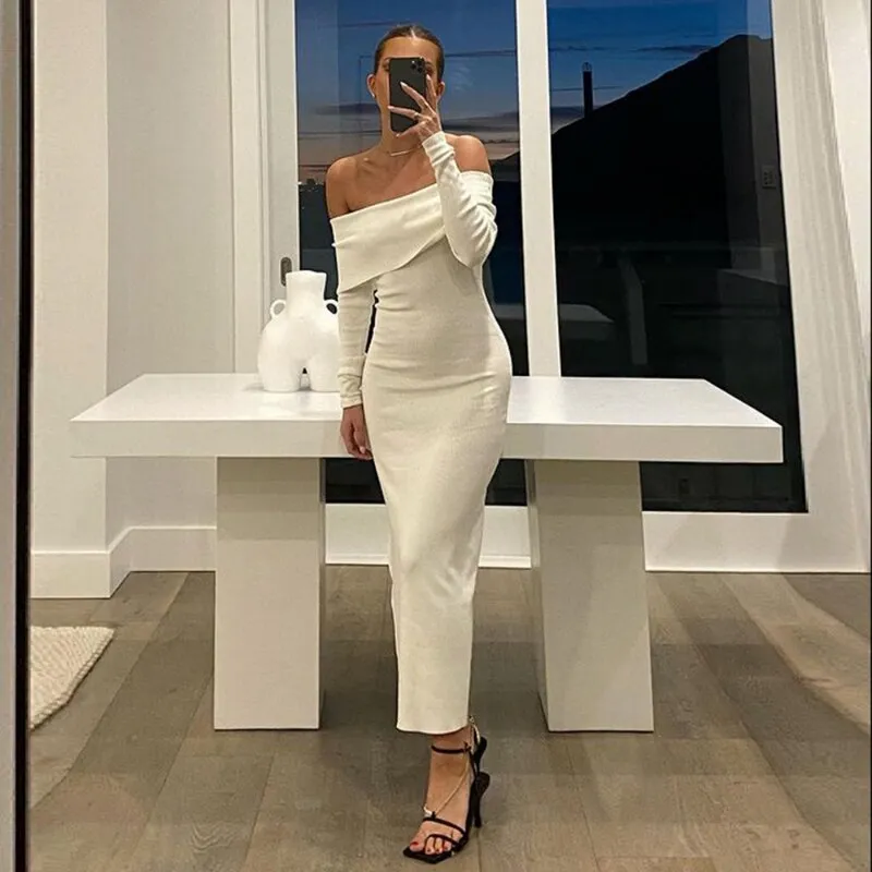Purpdrank - Solid Color Long Sleeve Off Shoulder Bodycon Maxi Dress Autumn Exotic Tight Elegant Party Luxury Fashion Sexy Dresses Women