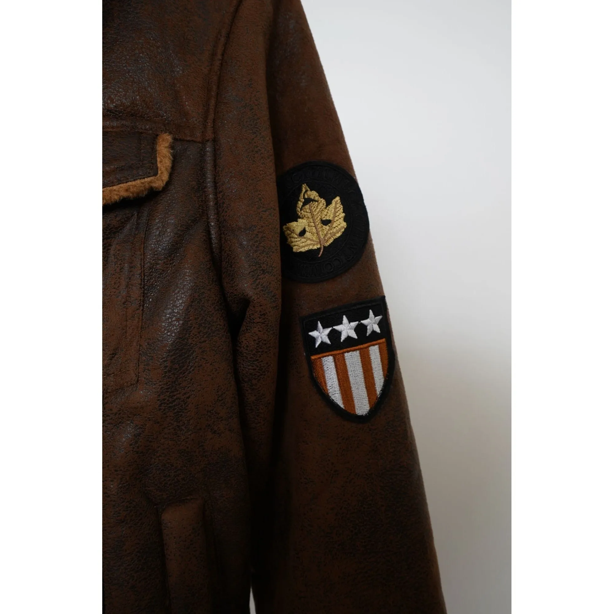 "Retail" Unknown Brand Faux Fur Lined Collar Aviator Leather Jacket Brown Men's