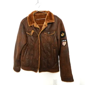 "Retail" Unknown Brand Faux Fur Lined Collar Aviator Leather Jacket Brown Men's