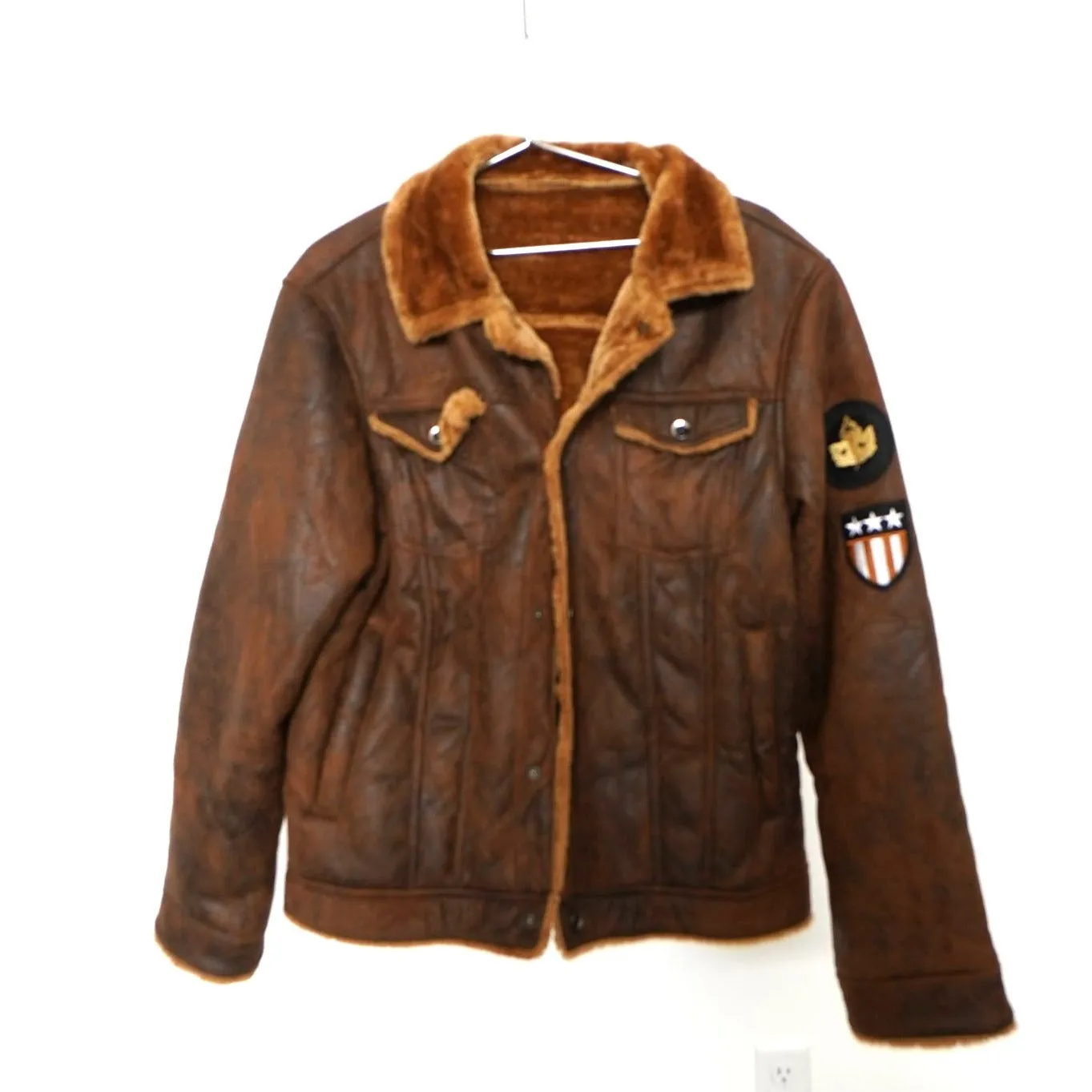 "Retail" Unknown Brand Faux Fur Lined Collar Aviator Leather Jacket Brown Men's