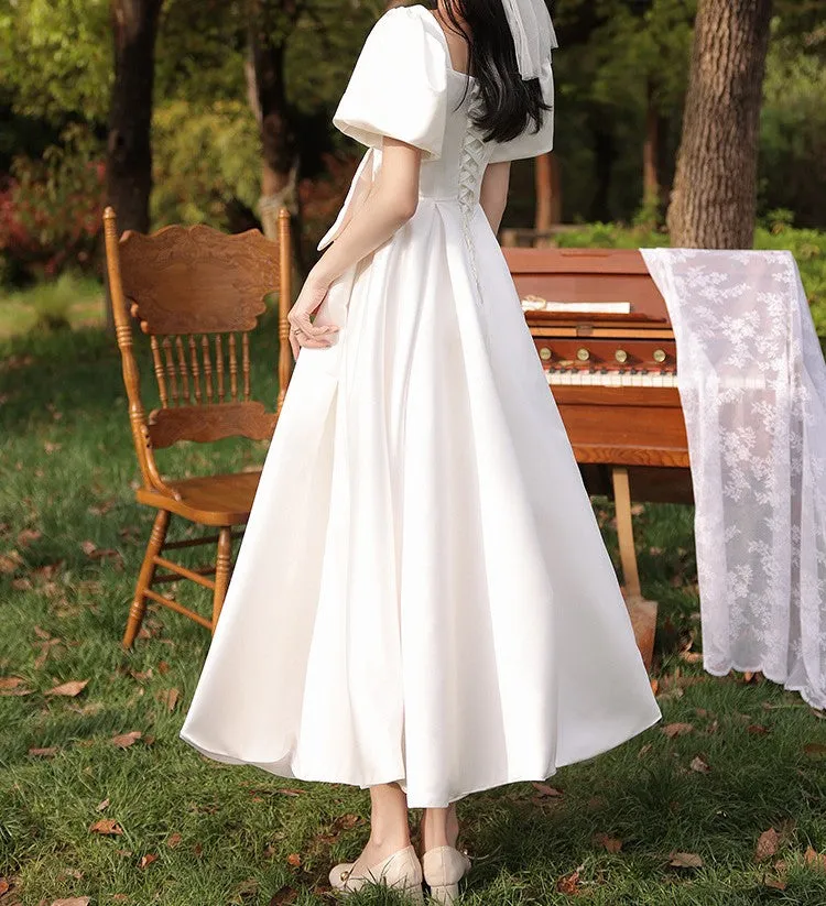 Retro 1950s Puff Sleeves Bridal Dress