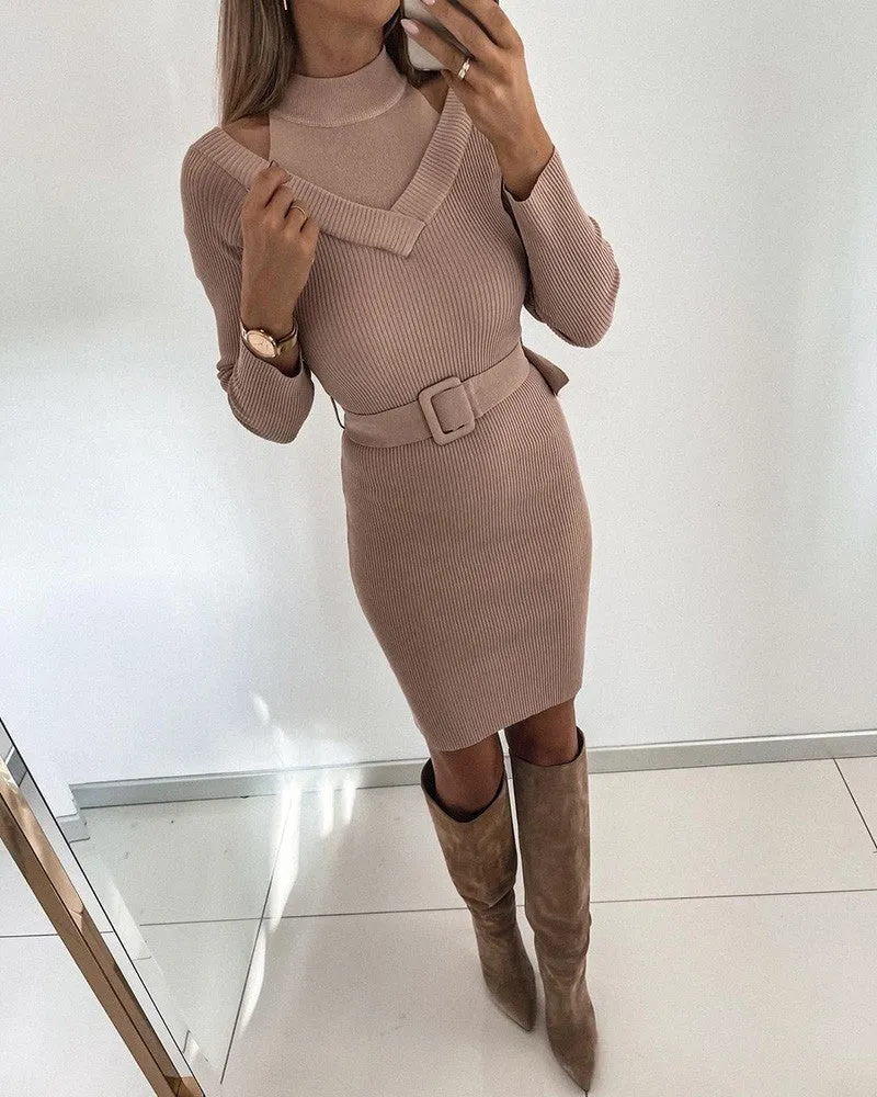 Ribbed Long Sleeve Cold Shoulder Bodycon Dress