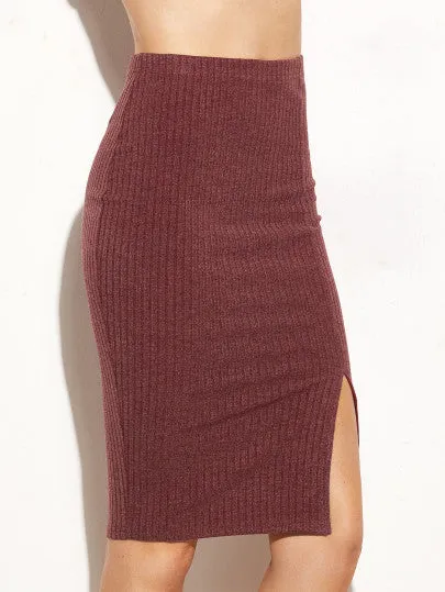 Ribbed side split bodycon skirt