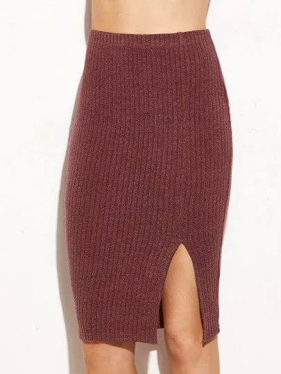 Ribbed side split bodycon skirt