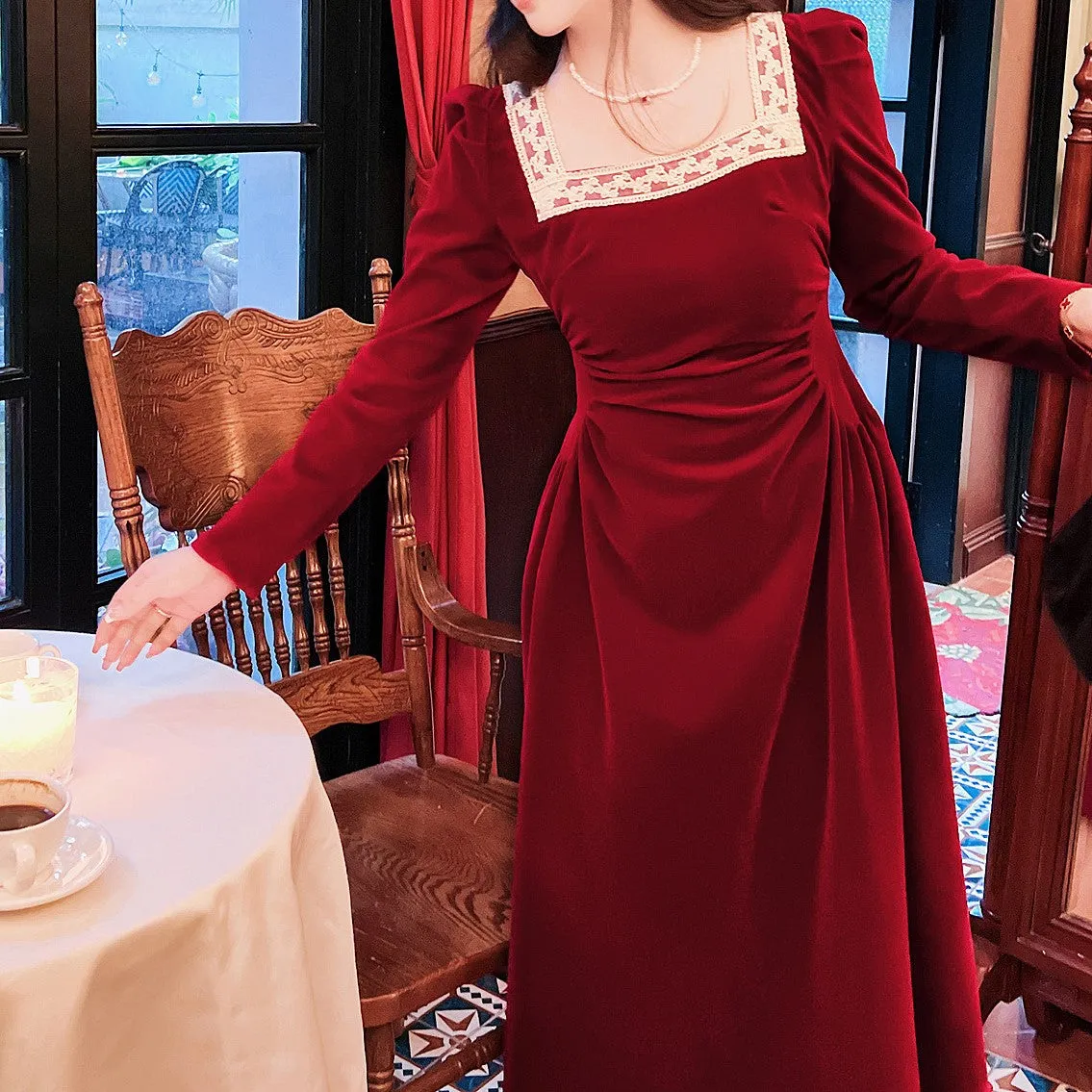Royalcore Square Collar Velvet Dress