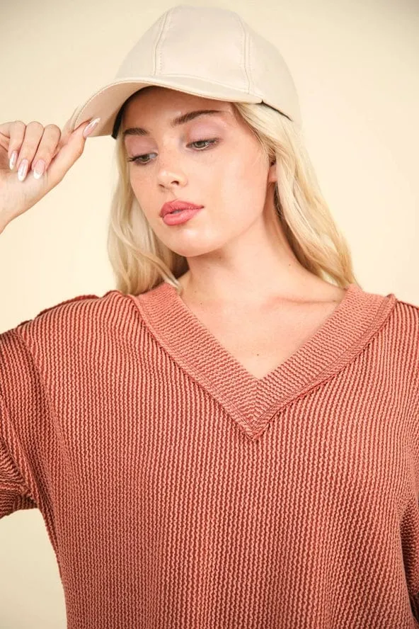 Rust Oversized Ribbed V-Neck Long Sleeve