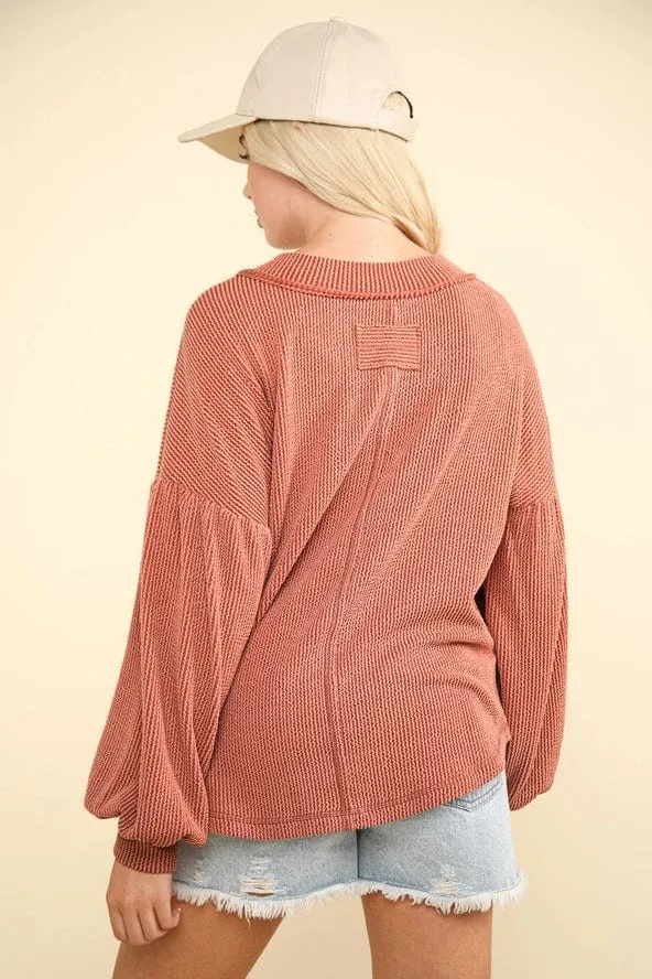 Rust Oversized Ribbed V-Neck Long Sleeve