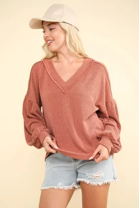 Rust Oversized Ribbed V-Neck Long Sleeve